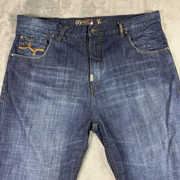 LRG Lifted Research Group Mens 42X32 Denim Blue Jeans Embroidered Cross